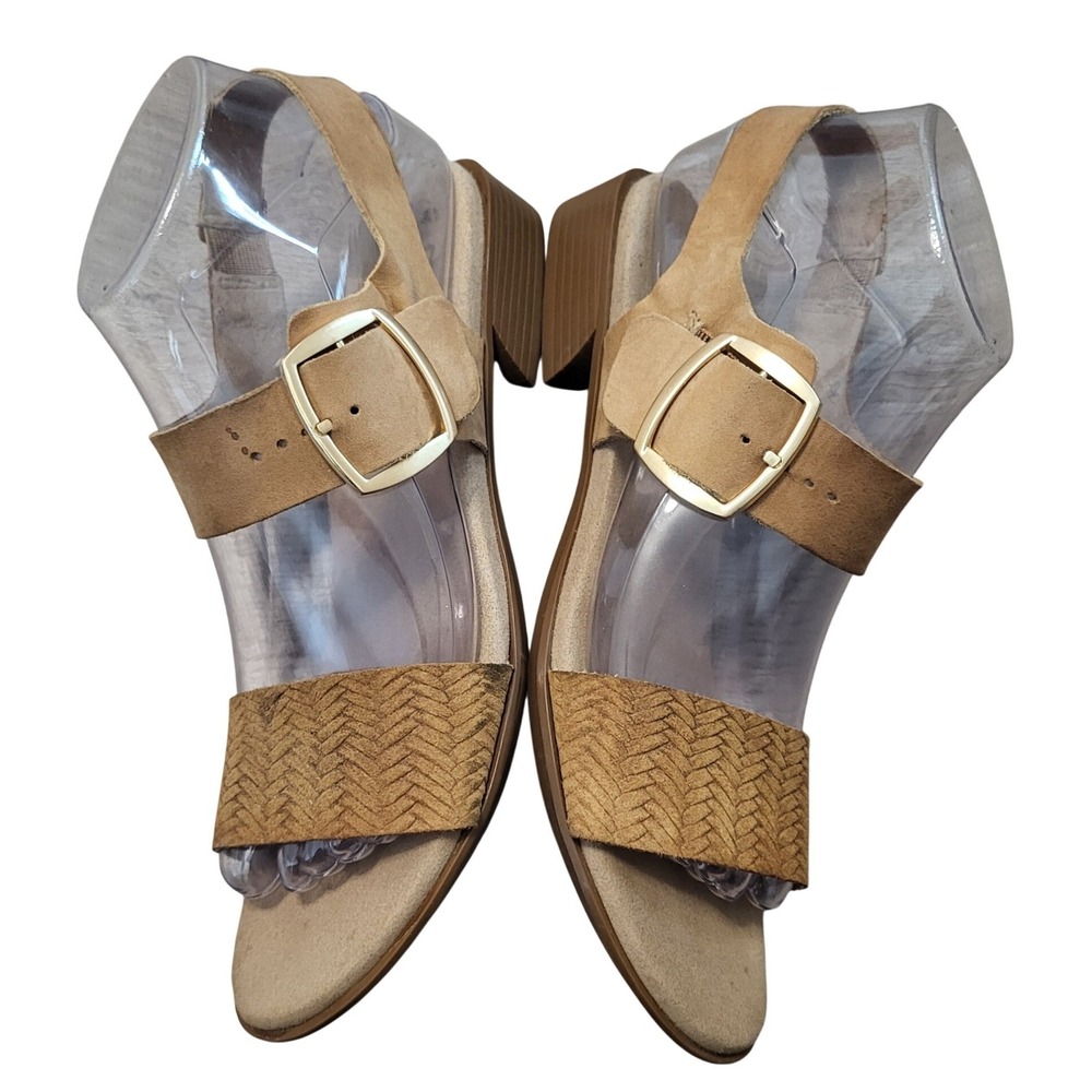 Munro Women Tan Leather Woven Slingback Sandals Size 8 SS Slim Gold Buckle Heel